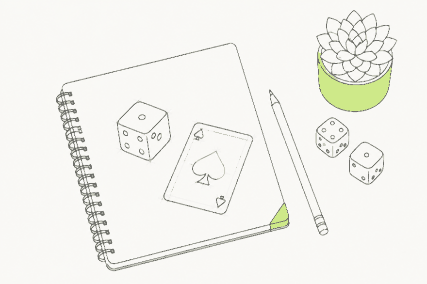 Line drawing of a designer's desk with a sketchbook, pencil, dice and a potted succulent