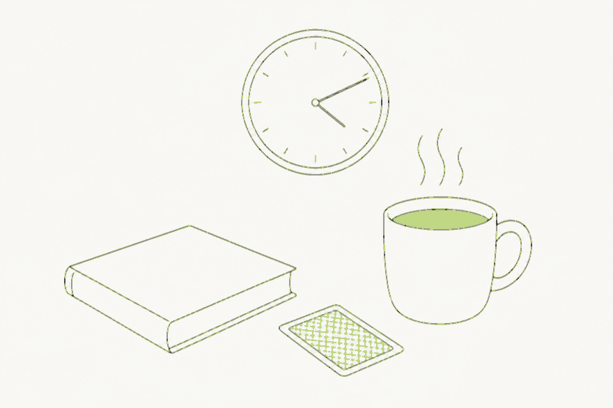 Line drawing of a wall clock, a book, a steaming mug and a face-down playing card
