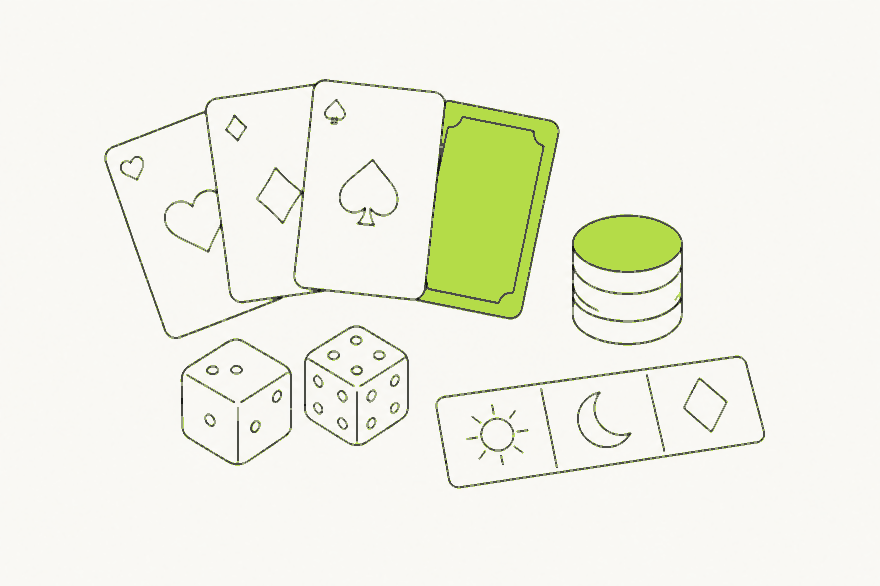Line drawing of fanned playing cards, two dice, a stack of game tokens and a strip of slot symbols