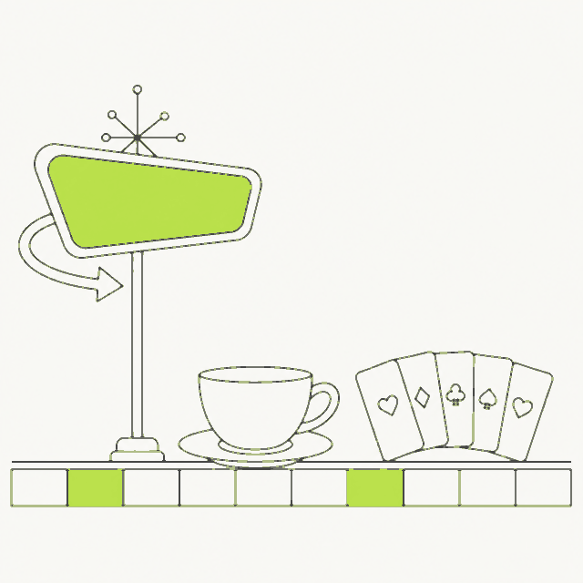 Line drawing of a retro diner sign, a coffee cup and five fanned playing cards on a checkerboard counter