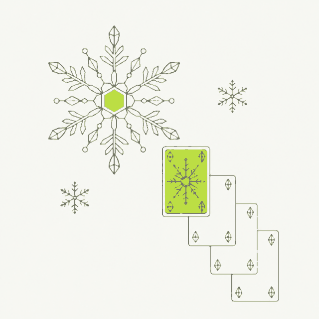 Line drawing of a large ornate snowflake beside a cascade of overlapping playing cards