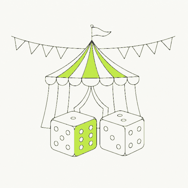 Line drawing of a striped carnival tent with bunting and two large dice