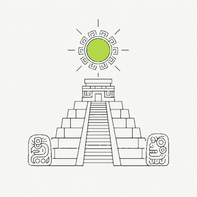 Line drawing of a stepped Aztec temple beneath a lime-green sun disc